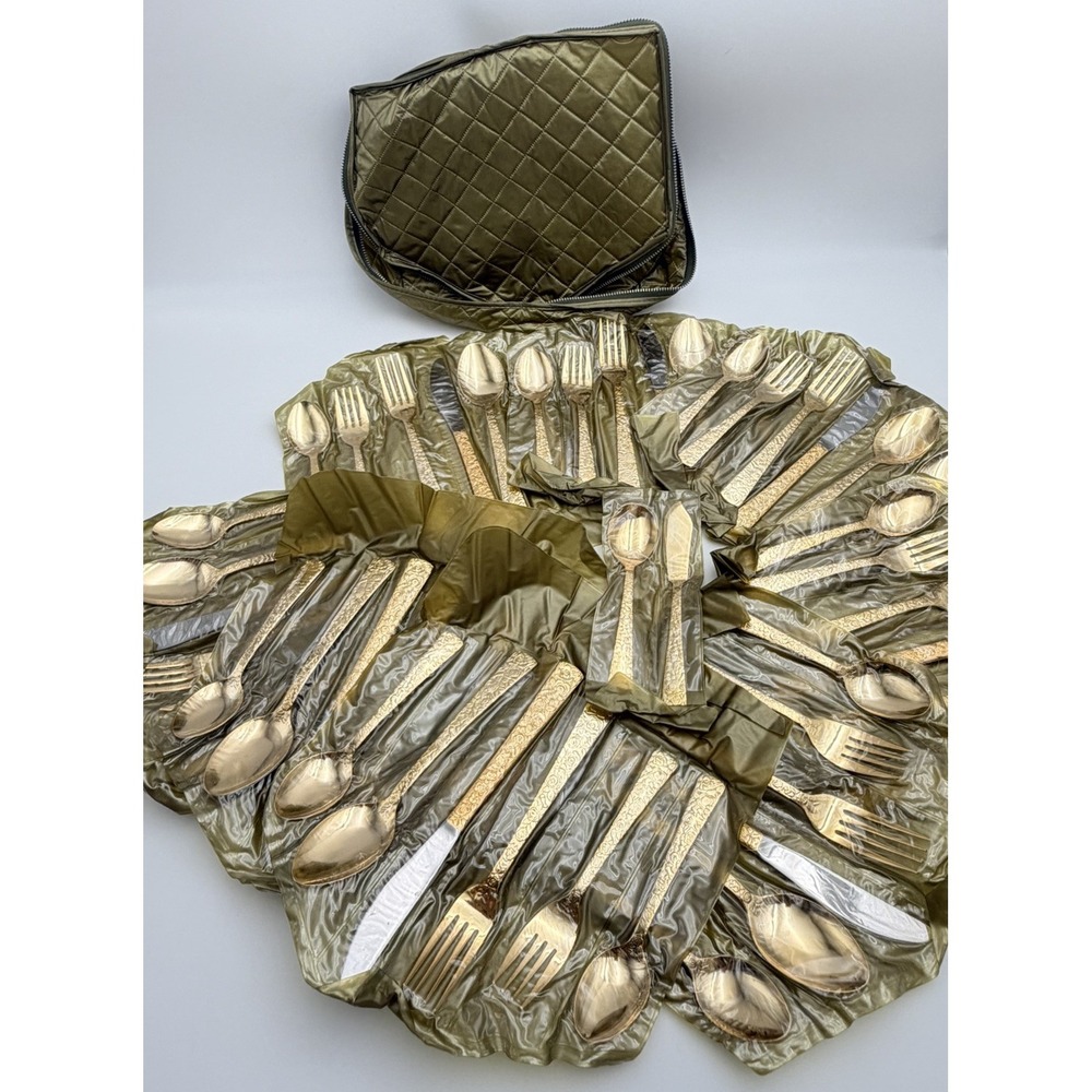 Cellini Romanesque Gold Flatware Silverware Service for 8 Case Japan MCM Retro - Picture 3 of 8